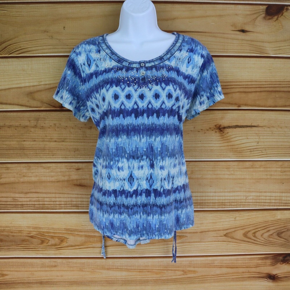 Gloria Vanderbilt Top 1/4 Button Studded Neckline Womens Sz L Blue White Cotton